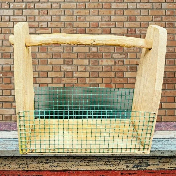 Primitive Rustic Wood and Metal Wire Storage Basket Farmhouse Barn Art